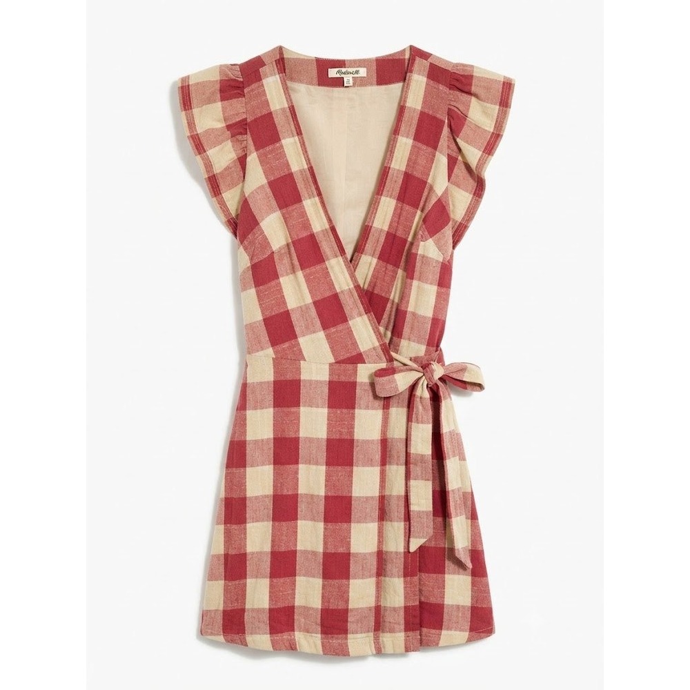 Madewell Plaid Wrap Dress XSP Red Cream Ruffle Sleeve Cottagecore Mini Dress XS